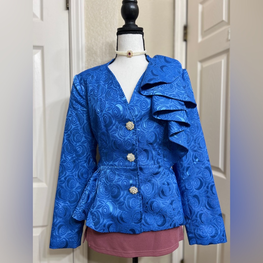 EY Boutique Royal Blue Ruffle Peplum Blazer Jacket Size 12